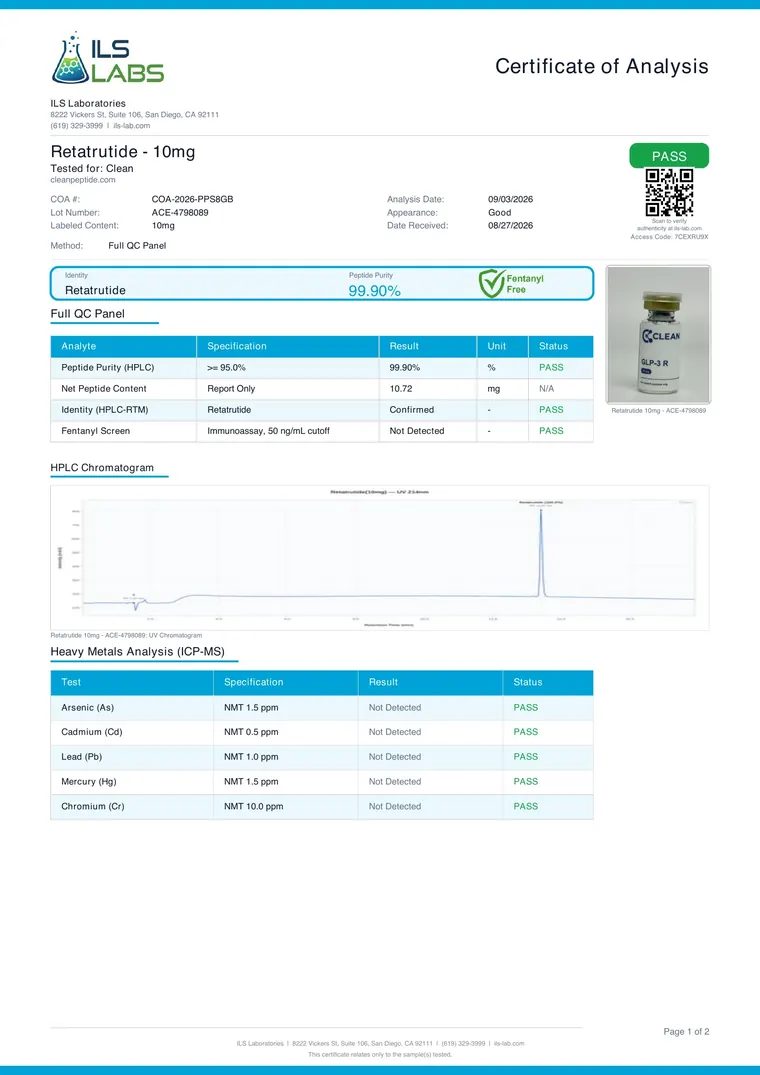 Signed ILS Laboratories certificate of analysis for GLP-3 Reta, lot ACE-4798089, page 1