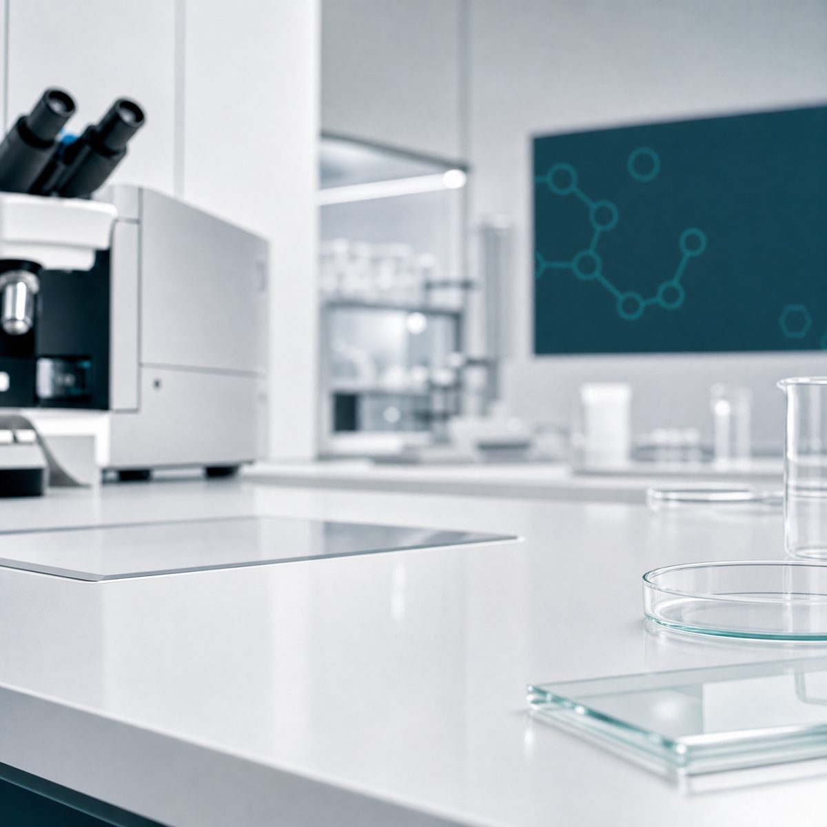 Research laboratory bench with a microscope, glassware, and petri dishes