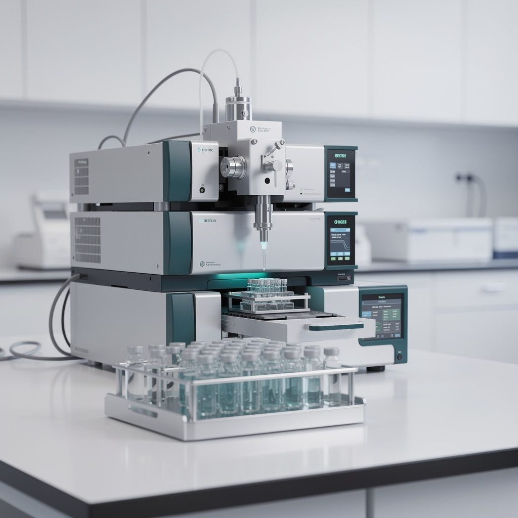Analytical laboratory instrument with a rack of sample vials