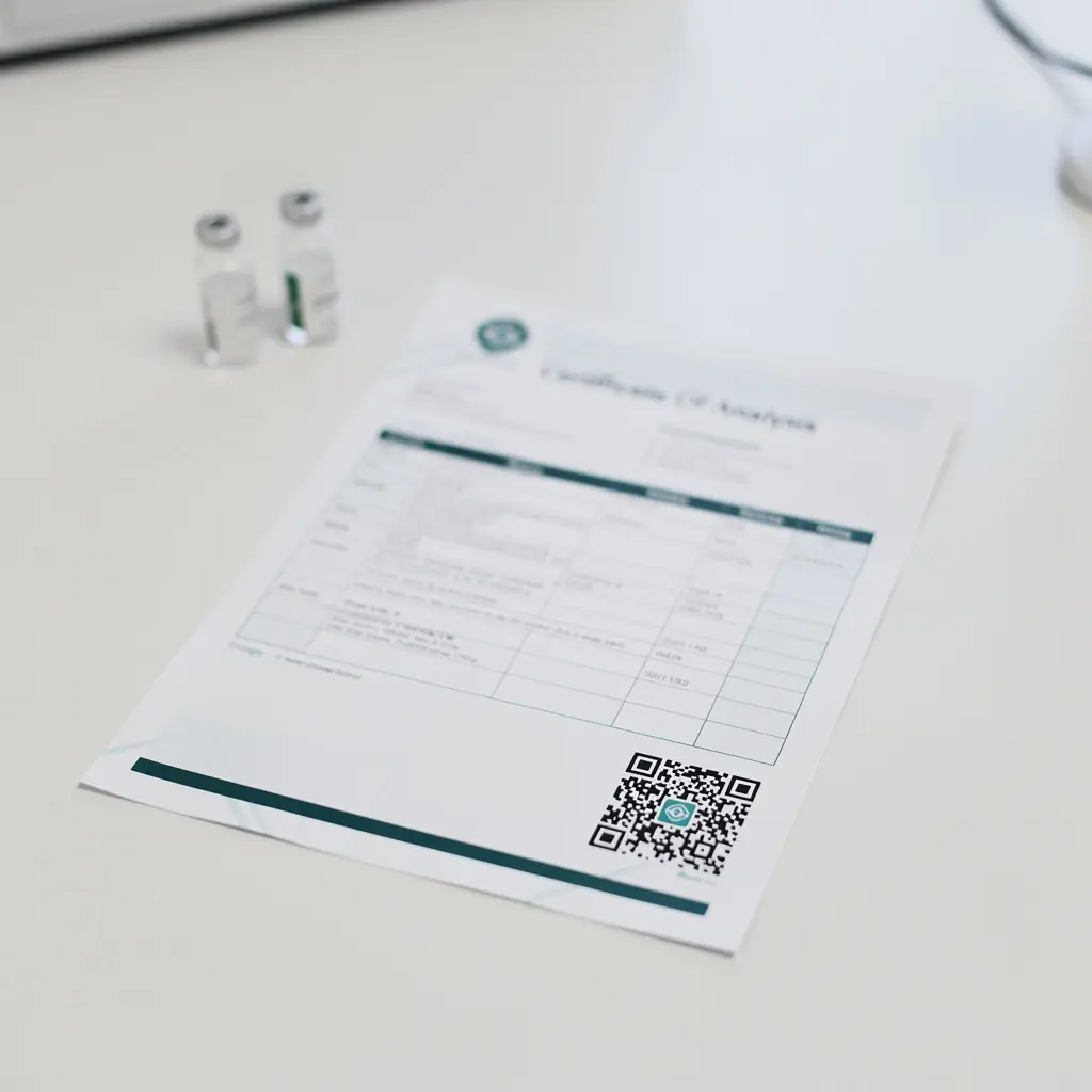 A certificate of analysis with a QR code beside labelled sample vials