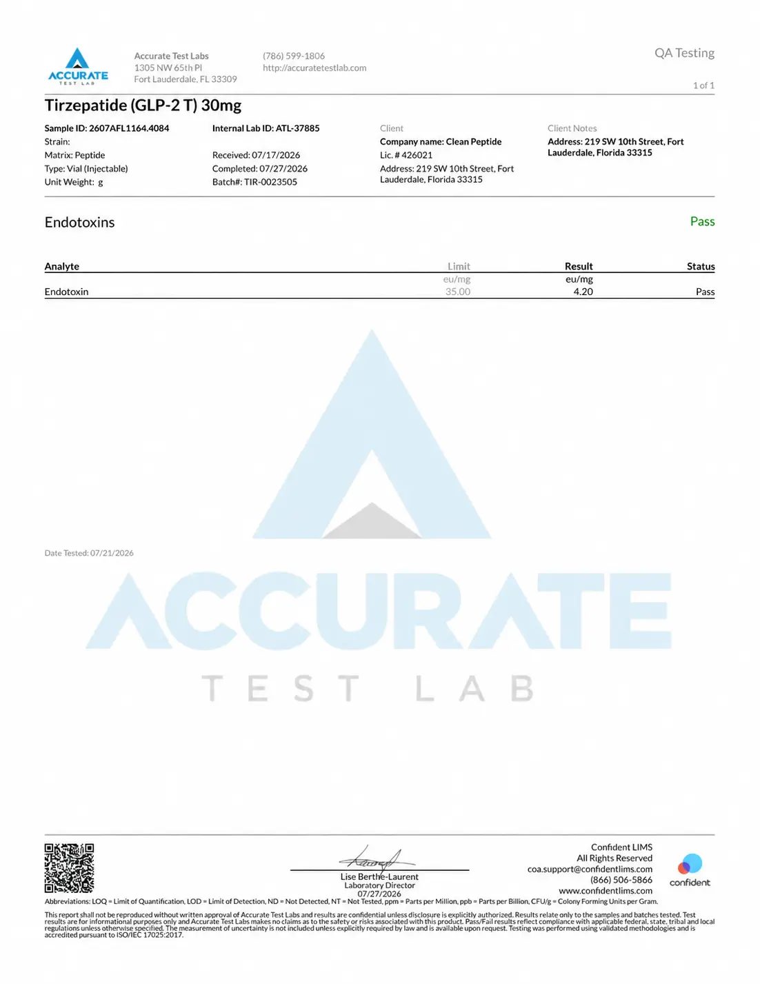 Endotoxin COA certificate for GLP-2 Tirz 30mg, lot ACE-6725667
