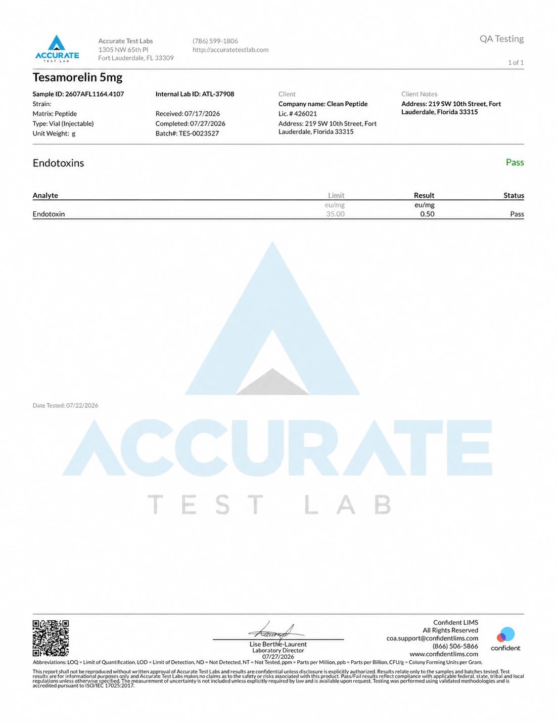 Endotoxin COA certificate for TESAMORELIN 5mg, lot ACE-3023756