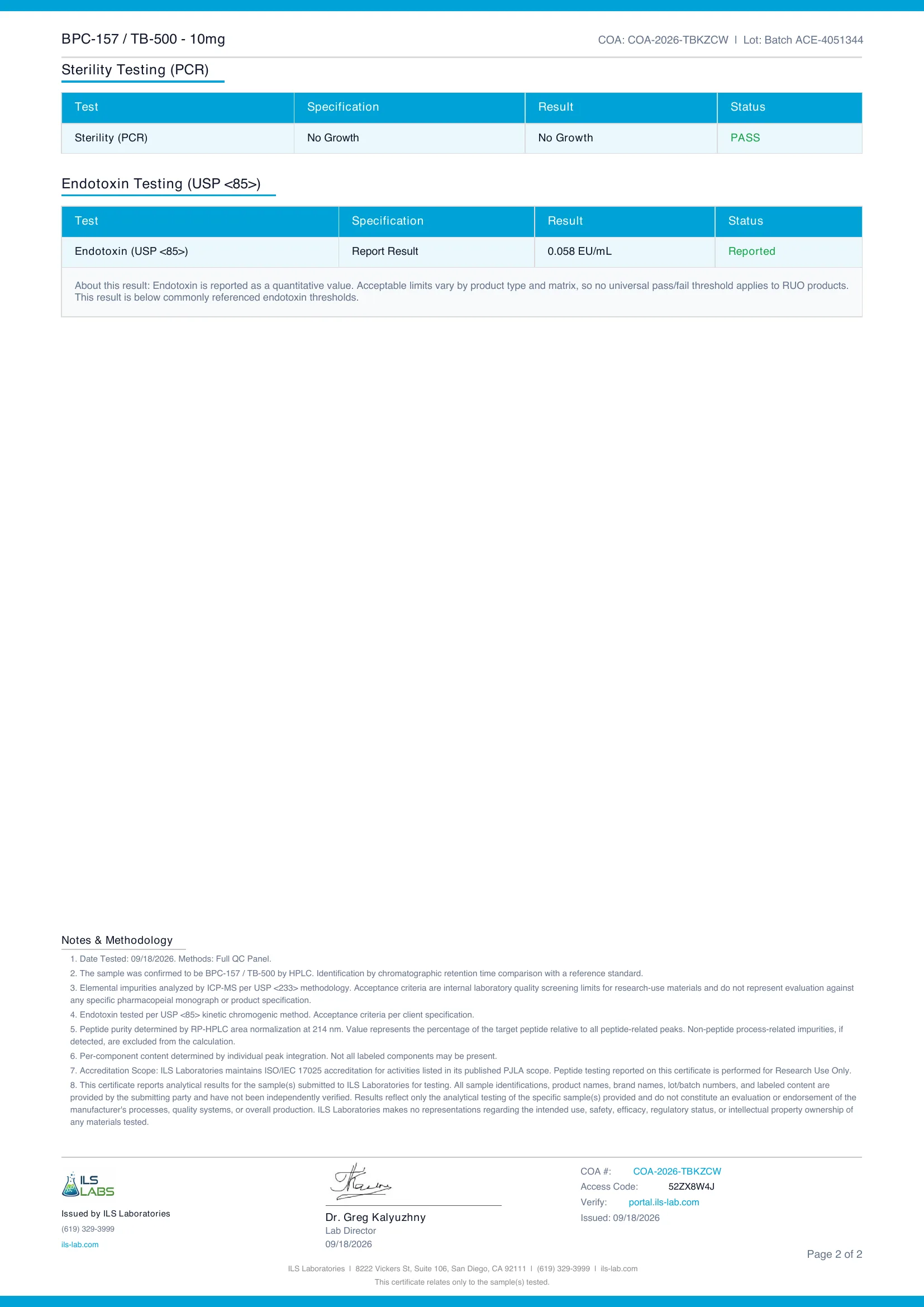 Purity & Identity certificate for BPC-157 / TB-500 Blend 10mg, lot Batch ACE-4051344, page 2