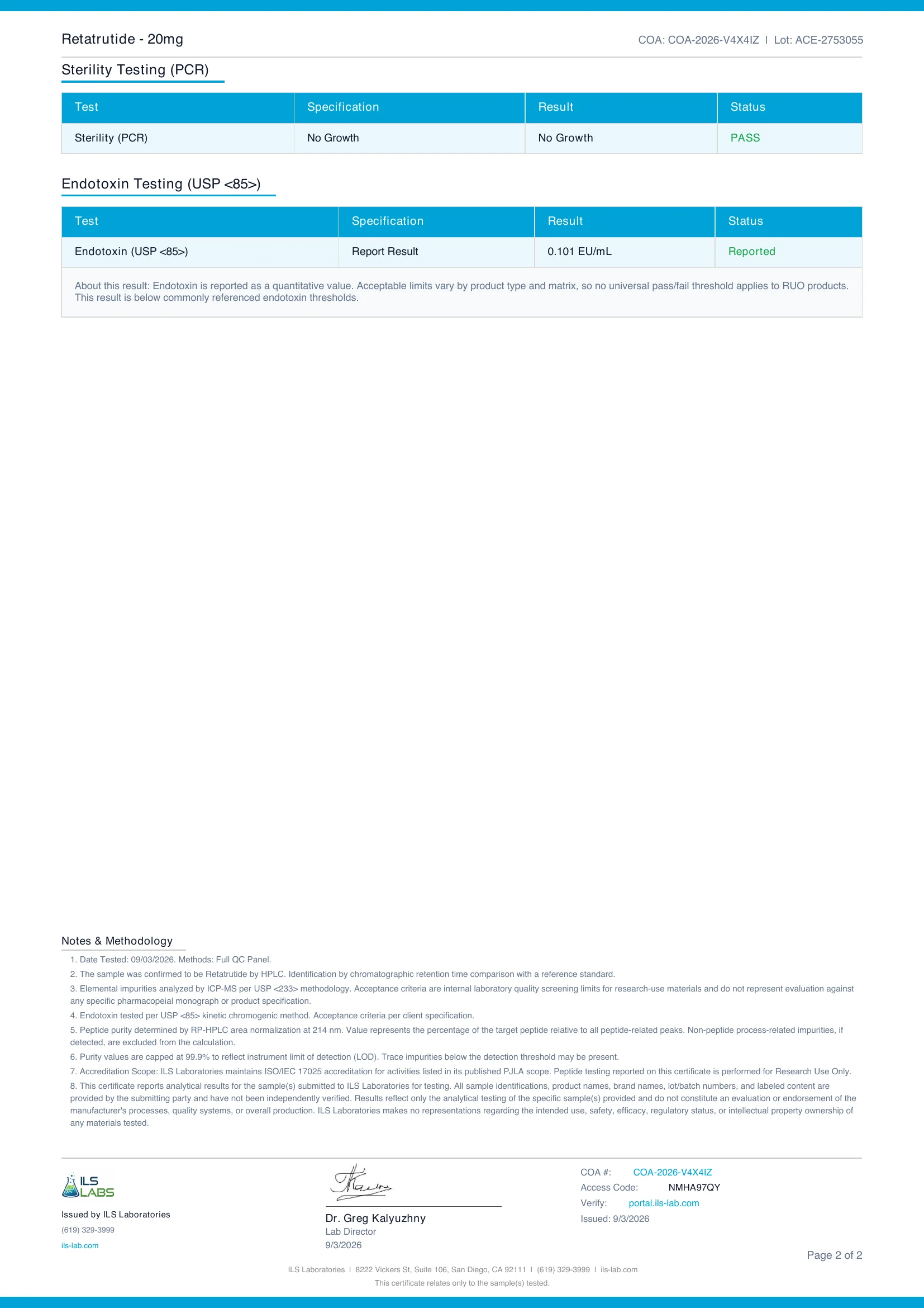 Purity & Identity certificate for GLP-3 Reta 20mg, lot ACE-2753055, page 2