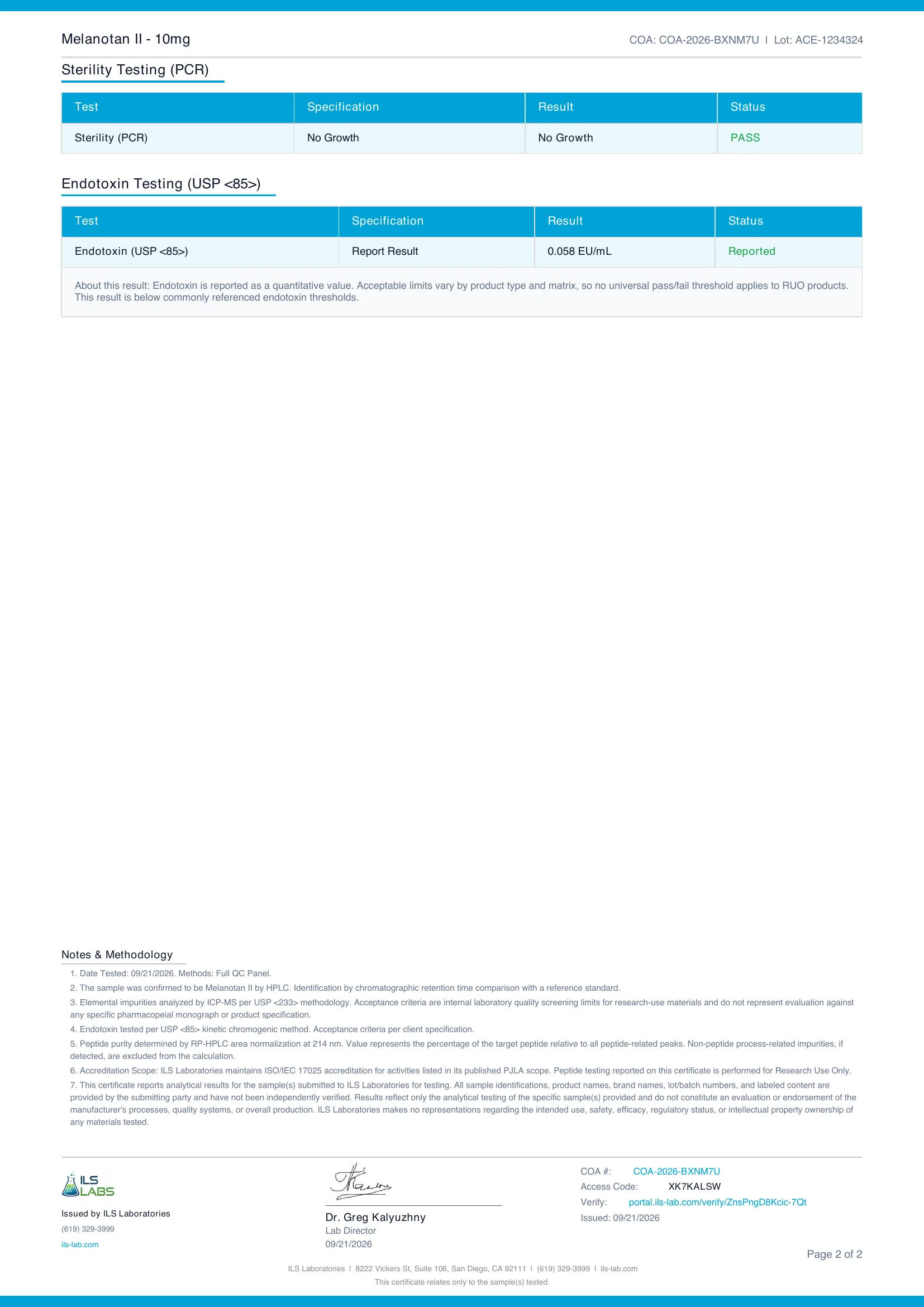 Purity & Identity certificate for Melanotan II 10mg, lot ACE-1234324, page 2