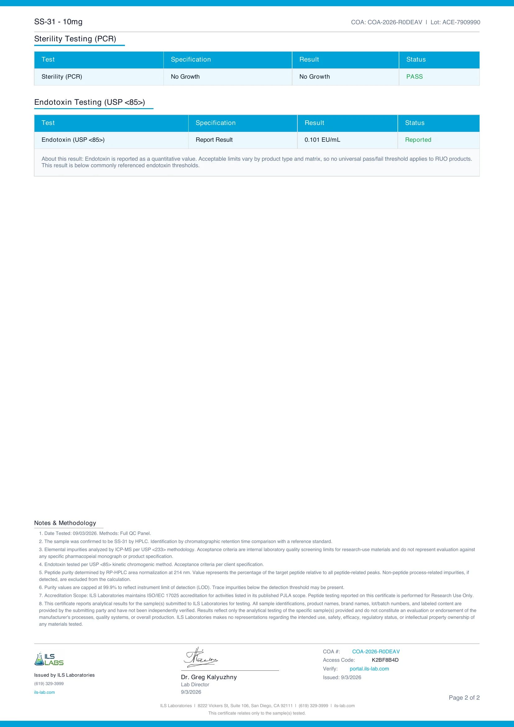 Purity & Identity certificate for SS-31 10mg, lot ACE-7909990, page 2