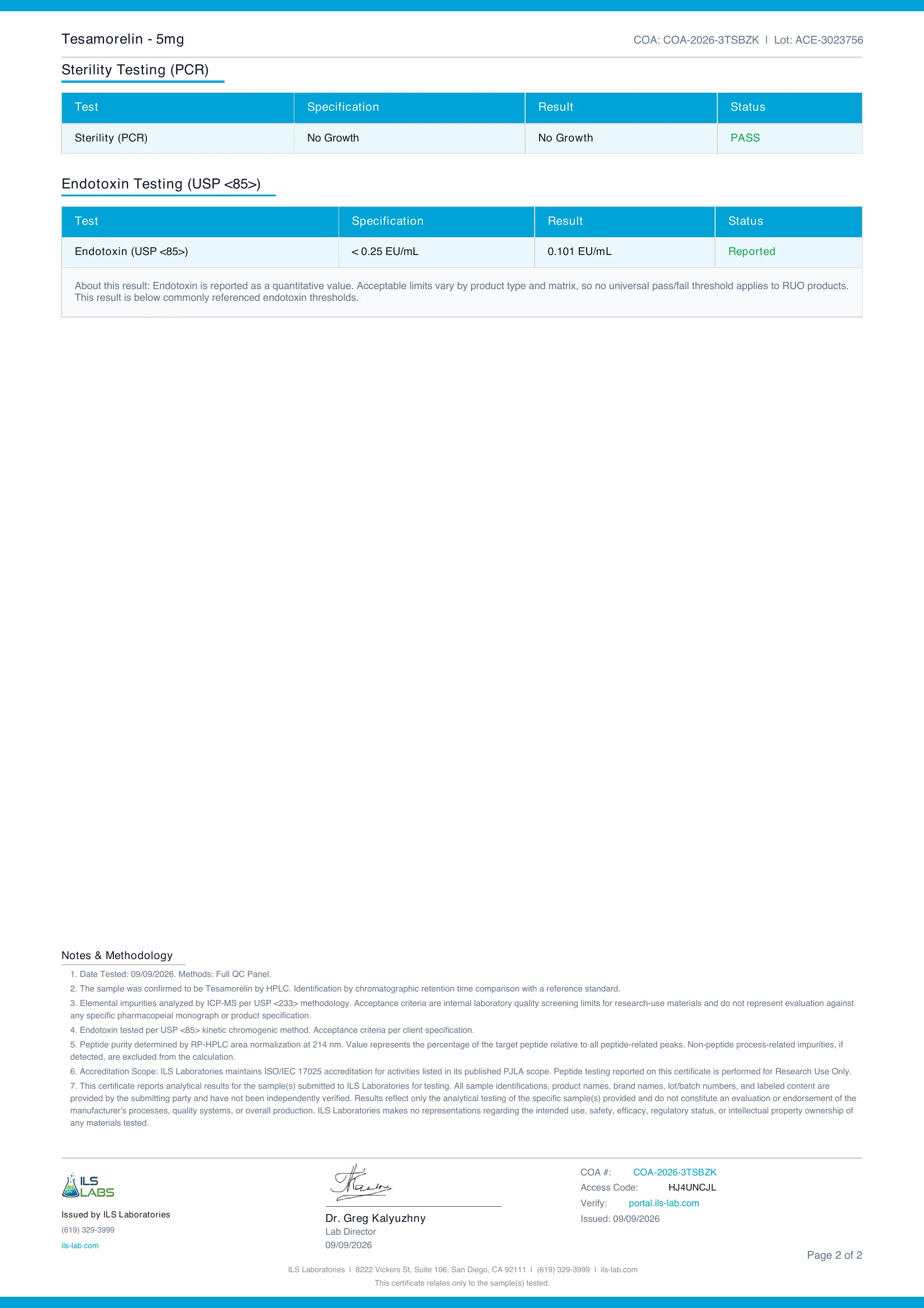 Purity & Identity certificate for TESAMORELIN 5mg, lot ACE-3023756, page 2