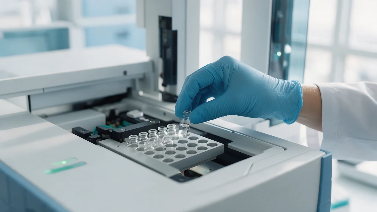 Gloved hand loading a sample vial into an LC-MS autosampler for peptide identity testing