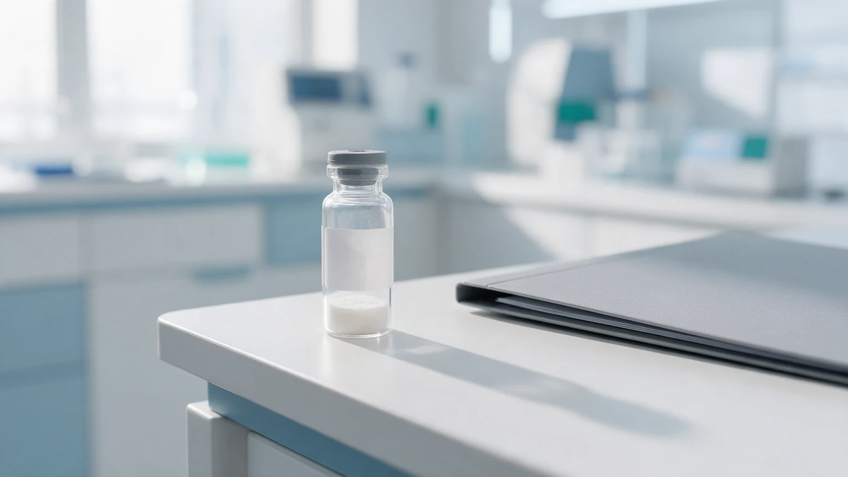 Lyophilized research peptide vial beside a documentation folder, illustrating BPC-157 buying checks