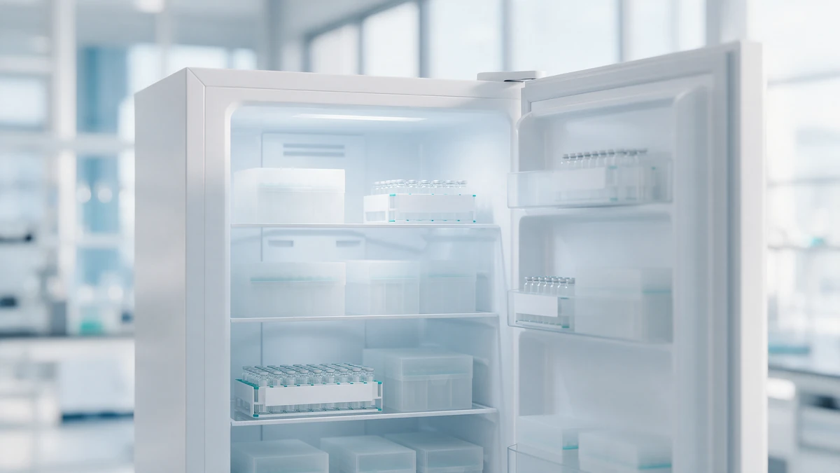 Laboratory refrigerator holding racks of research peptide vials for controlled storage