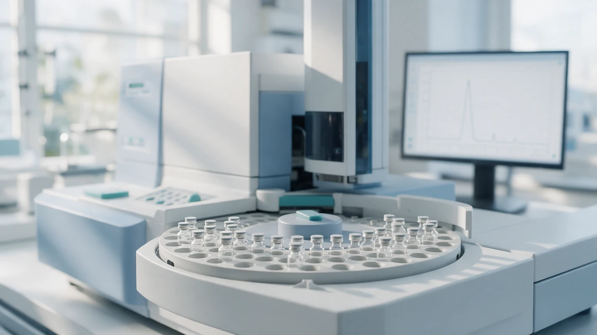 HPLC instrument with sample vials and a chromatogram showing a main peptide peak