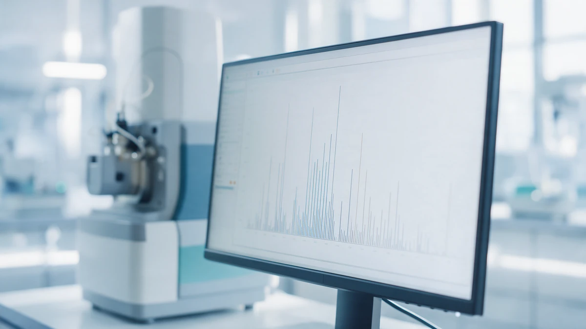 Mass spectrum displayed beside a mass spectrometer during peptide identity testing