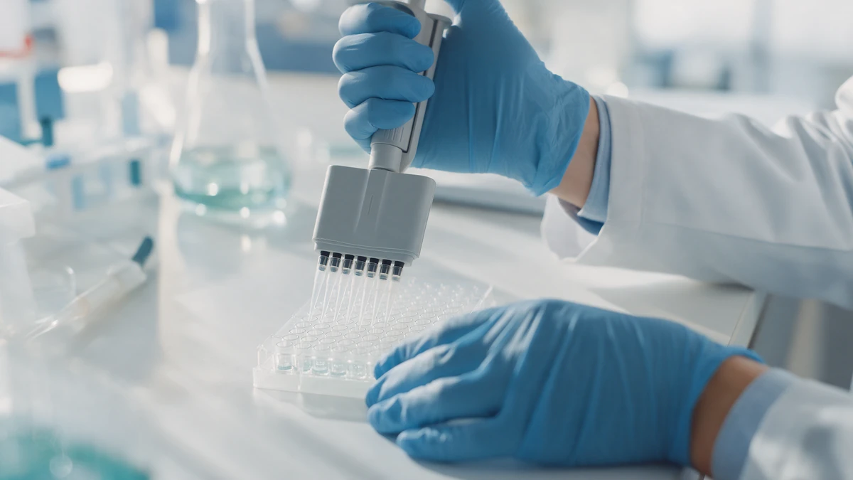 Researcher pipetting samples into a 96-well microplate in a cell biology lab