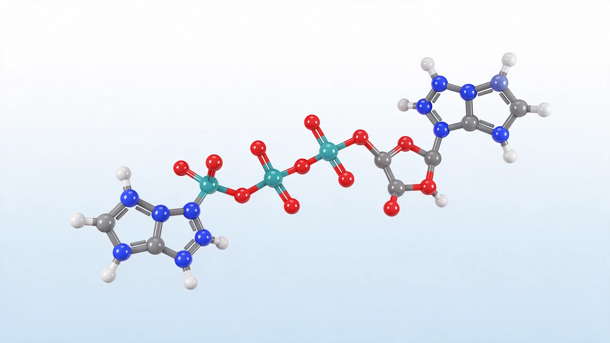 Illustrative 3D molecular model of a dinucleotide coenzyme like NAD+, with two nucleotide units joined by phosphates