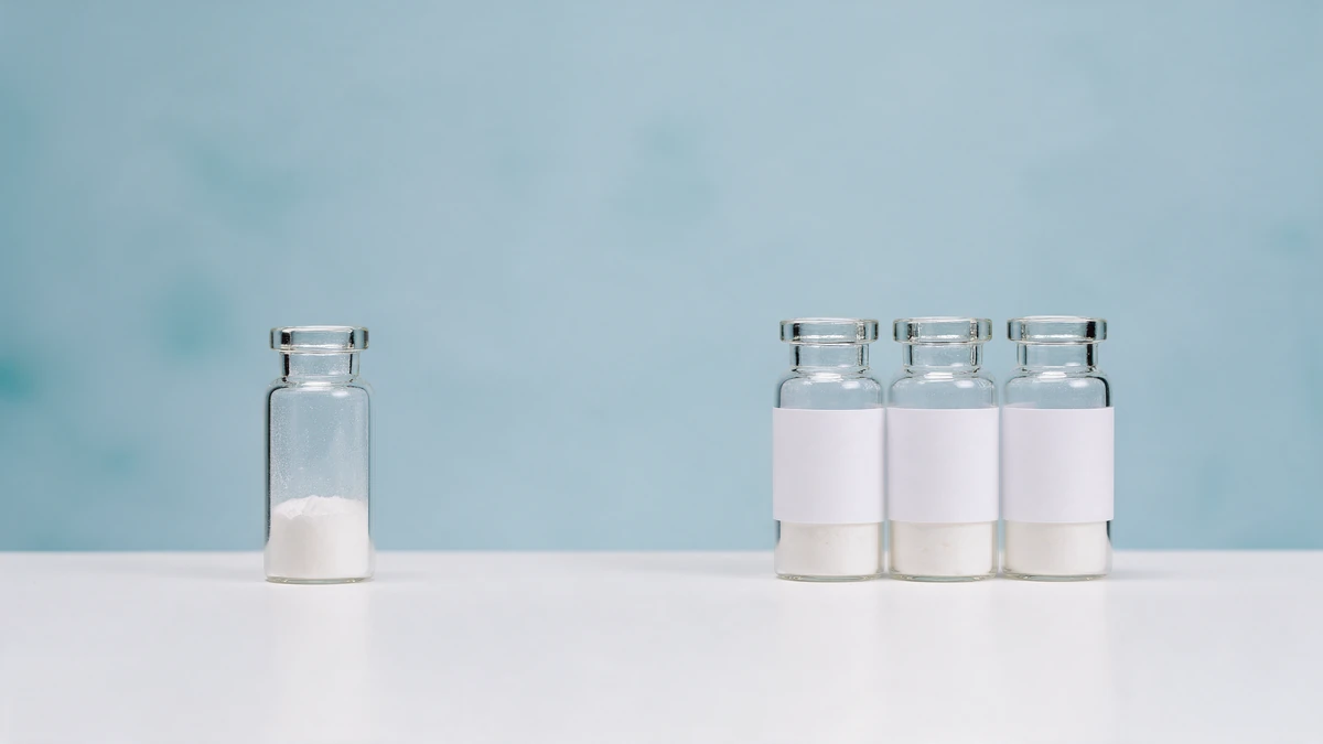 A single peptide vial next to a group of three vials, comparing single peptides and blends