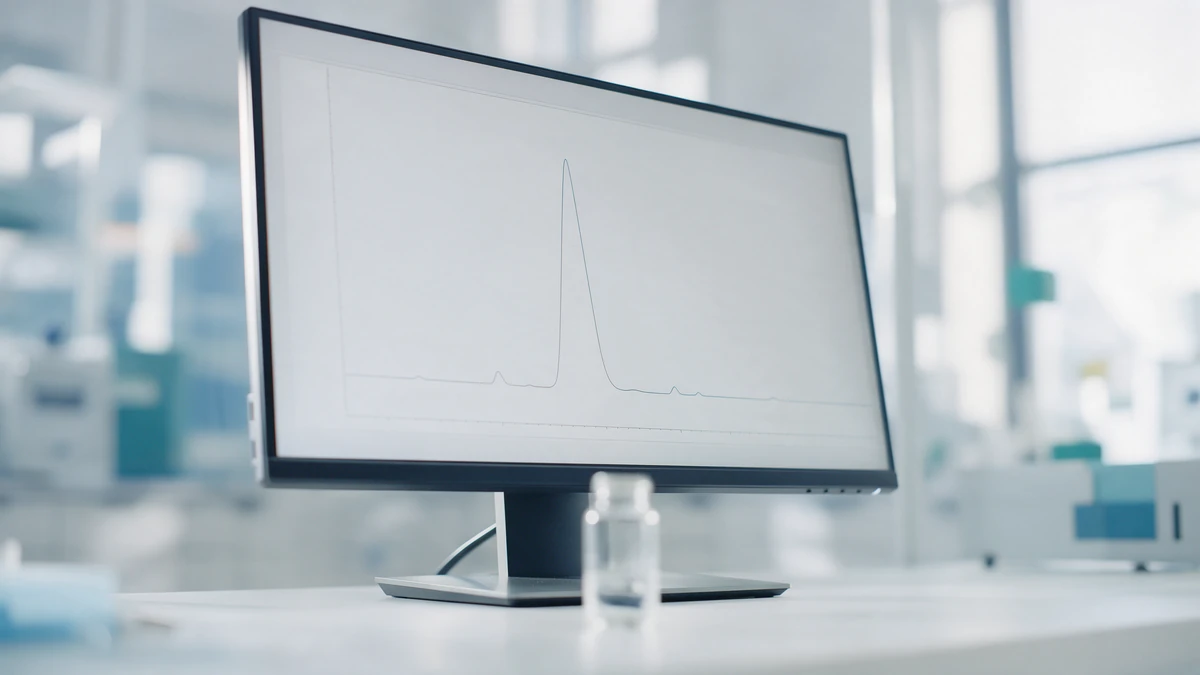 HPLC chromatogram on a lab monitor showing a main peak and minor impurity peaks