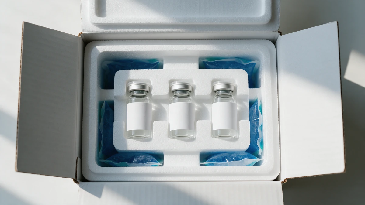 Insulated shipping box with ice packs and sealed peptide vials in a foam insert