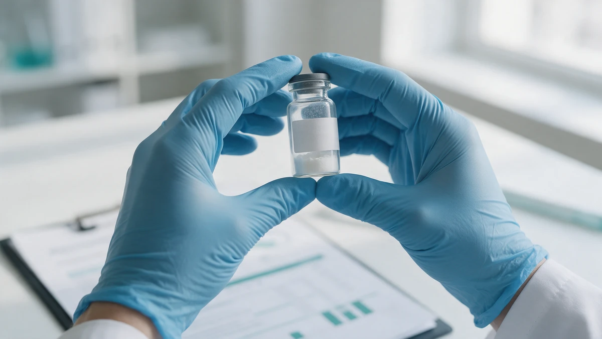 Gloved researcher inspecting a peptide vial while checking its lot documentation
