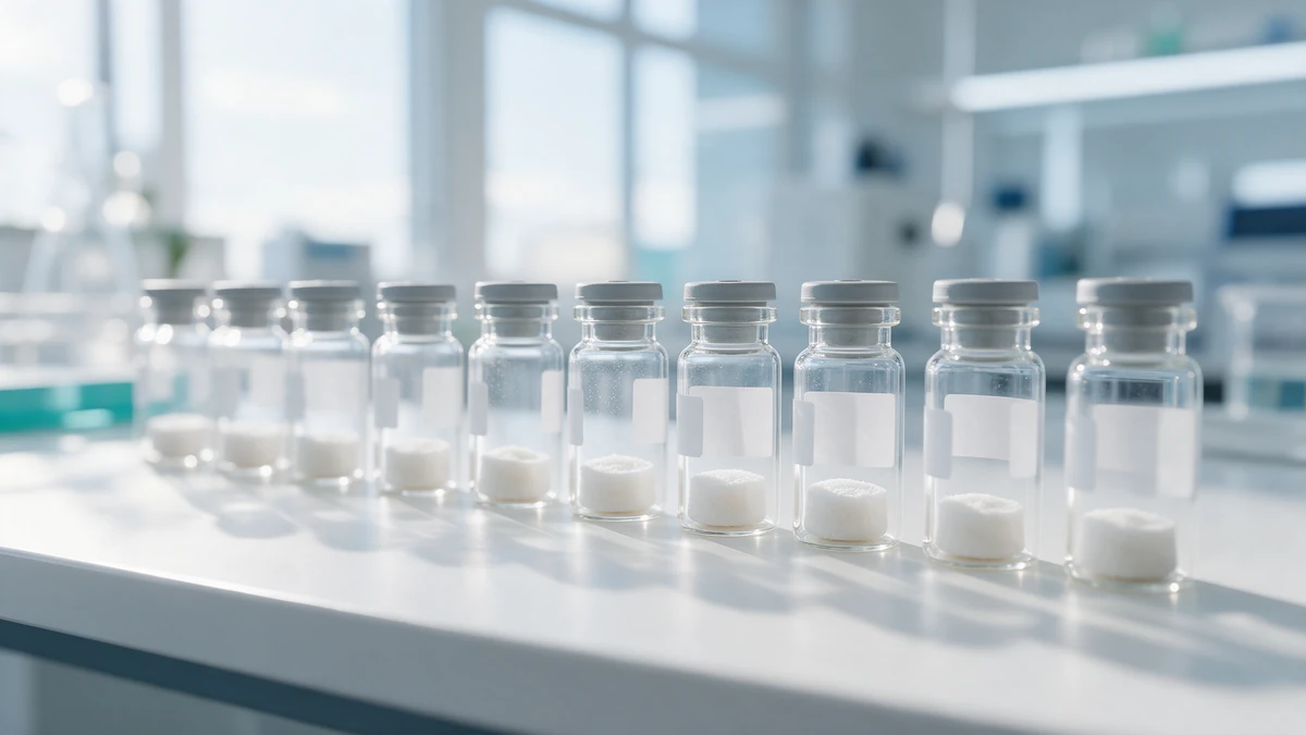 Row of research peptide vials containing lyophilized white powder on a laboratory bench
