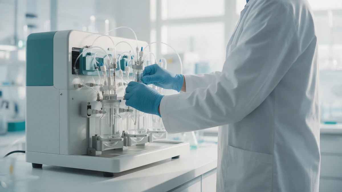 Scientist working at an automated solid-phase peptide synthesizer in a laboratory
