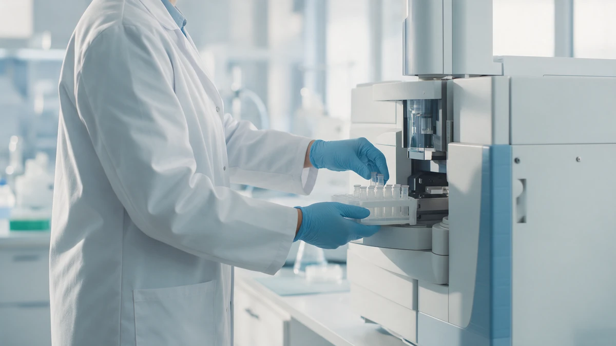 Analyst loading peptide samples into an LC-MS system at an independent testing lab